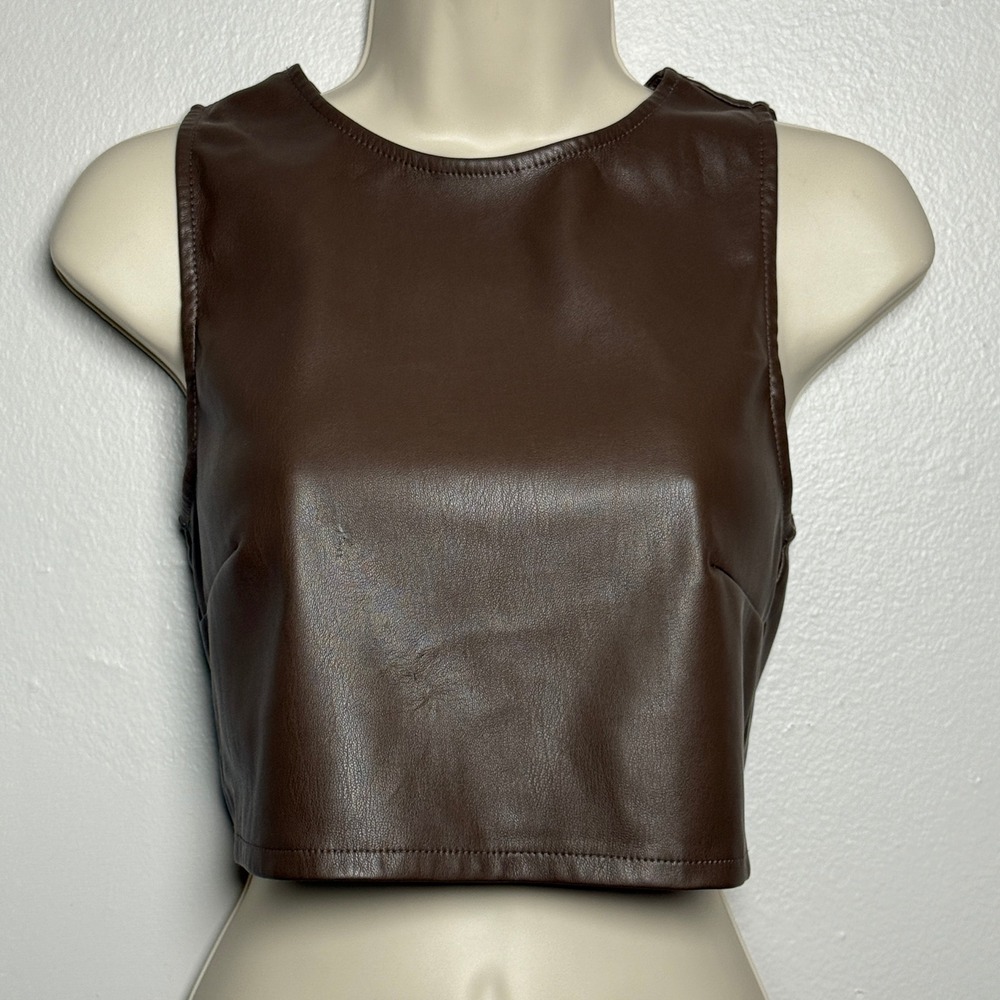 Kirious Womens Faux Leather Crop Top S Brown Zip Sleeveless‎ Minimalist Moto 90s